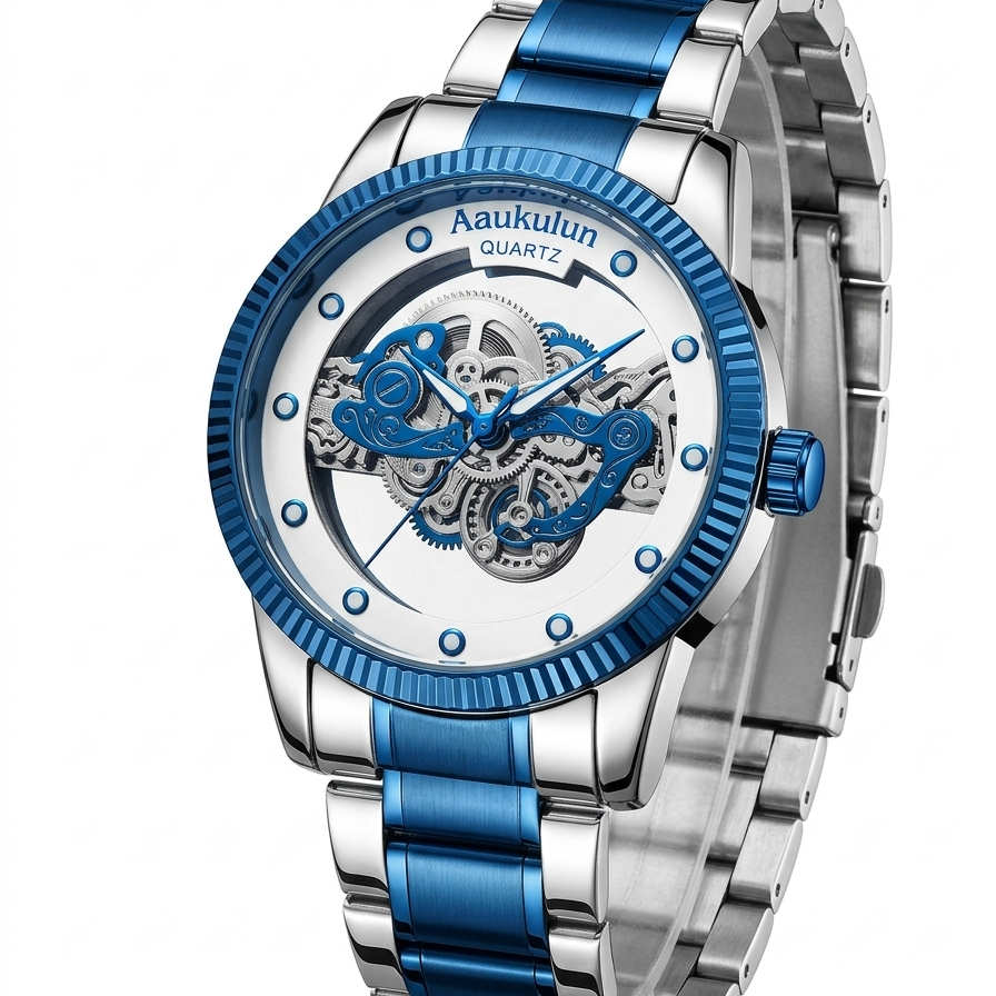 Men’s Luxury Skeleton Dial Quartz Watch – Elegant Stainless Steel Design | Classic & Stylish | Without Box
