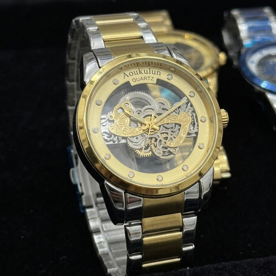 Men’s Luxury Skeleton Dial Quartz Watch – Elegant Stainless Steel Design | Classic & Stylish | Without Box